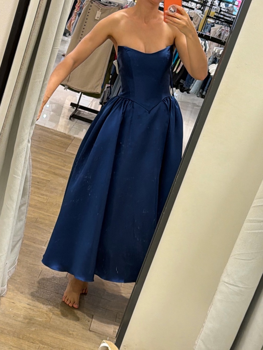 Strapless Navy Satin Fit-and-Flare Dress